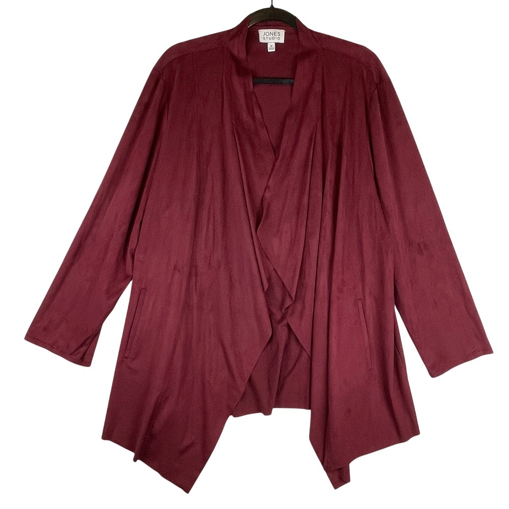 Jones Studio Women 2X Burgundy Faux Suede Draped Open Front Cardigan Jacket